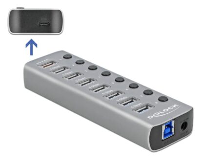 DELOCK USB hub με διακόπτες 63264, 8x USB & USB-C PD, 5Gbps, 2.4A, γκρι