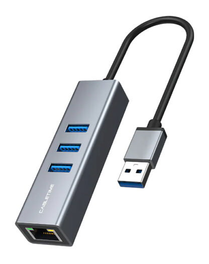 CABLETIME USB hub CT-AMLU3, RJ45 & 3x USB θύρες, 5Gbps, 1000Mbps, γκρι