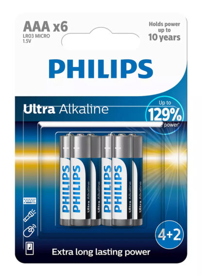 PHILIPS Ultra αλκαλικές μπαταρίες LR03E6BP/10, AAA LR03 1.5V, 6τμχ