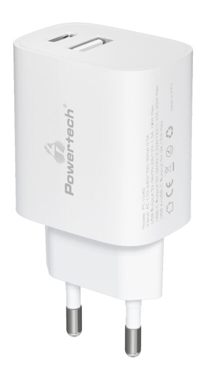 POWERTECH φορτιστής τοίχου PT-1040, USB & USB-C, PD QC3.0, 20W, λευκός