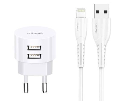 USAMS φορτιστής τοίχου T20 & καλώδιο Lightning, 2x USB, 2.1A, λευκός