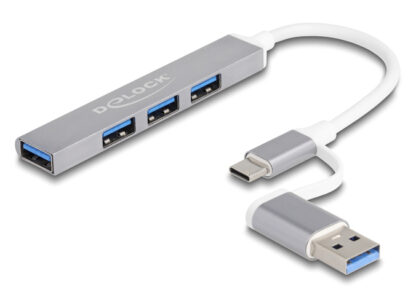 DELOCK USB hub 64214, 4x USB θύρες, USB & USB-C σύνδεση, γκρι