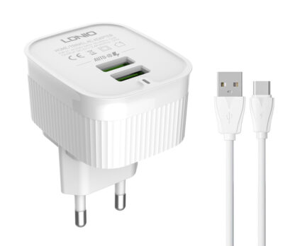 LDNIO φορτιστής τοίχου A201 με καλώδιο USB-C, 2x USB, 12W, λευκός