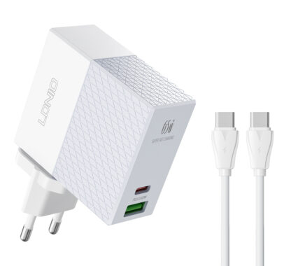 LDNIO φορτιστής τοίχου A2620C με καλώδιο, USB & USB-C, 65W PD, λευκός