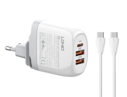 LDNIO φορτιστής τοίχου A3511Q με καλώδιο, USB-C/2x USB, 65W, GaN, λευκός