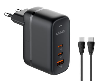 LDNIO φορτιστής τοίχου Q366 με καλώδιο, USB/2x USB-C, 65W, GaN, μαύρος